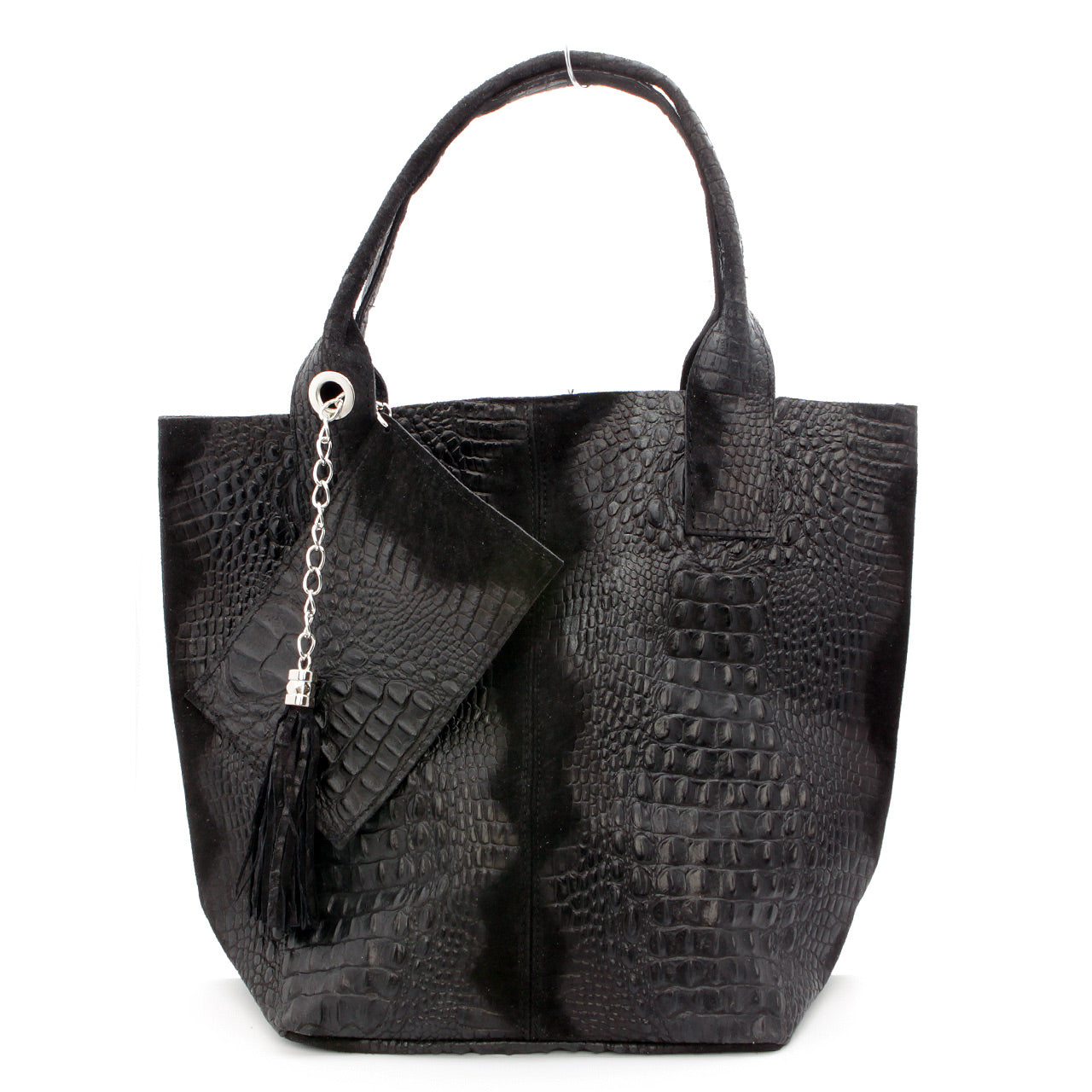 Leder Beutel Tasche Krokooptik Schwarz