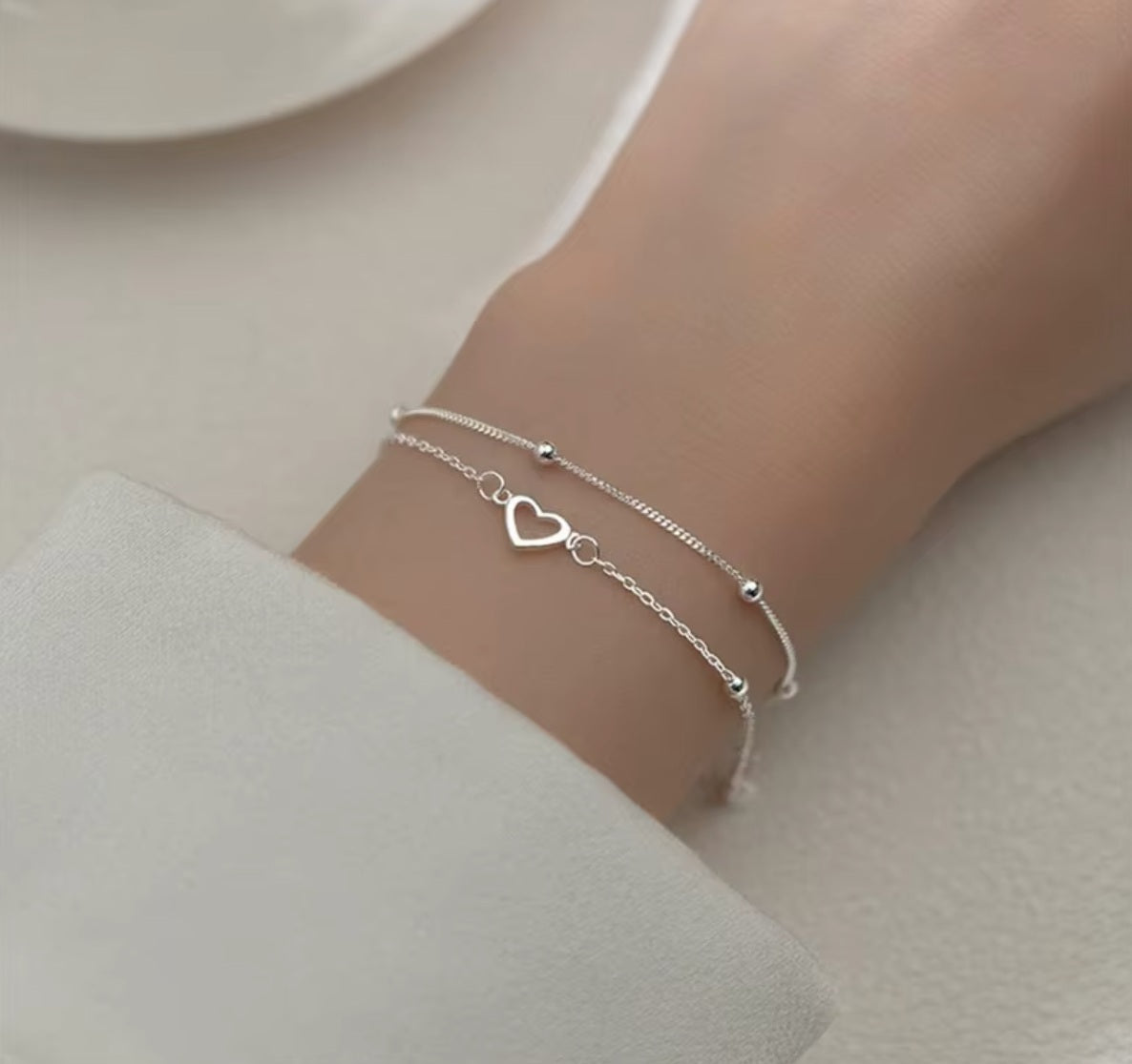 Armband aus 925er-Sterling-Silber, doppellagige Kette mit Herz, 15+5cm
