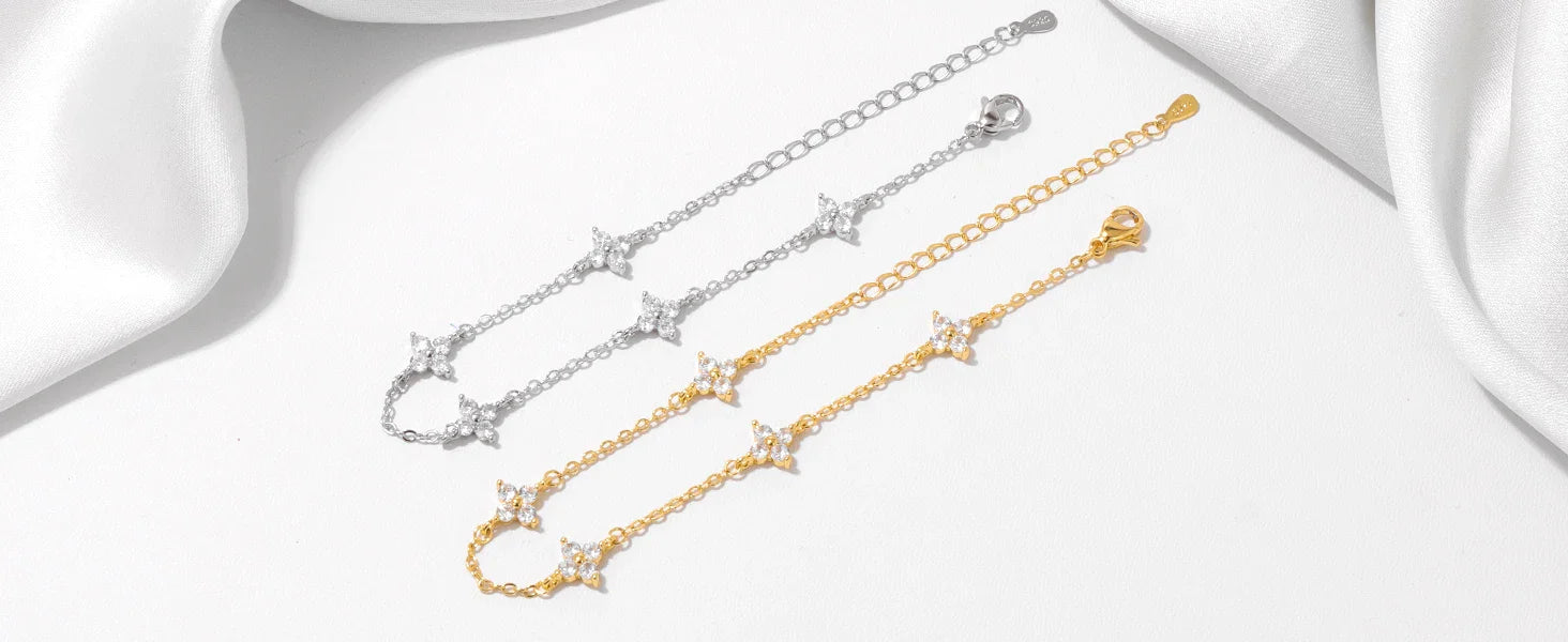 Armband aus 925er-Sterling-Silber, vierblättriges Blumenarmband, 19cm