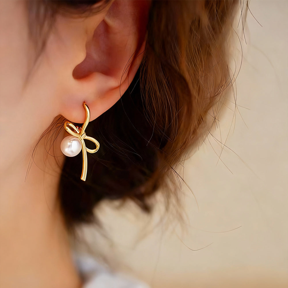 Ohrringe aus 925er Sterling-Silber, Creole mit Perle und Schleife