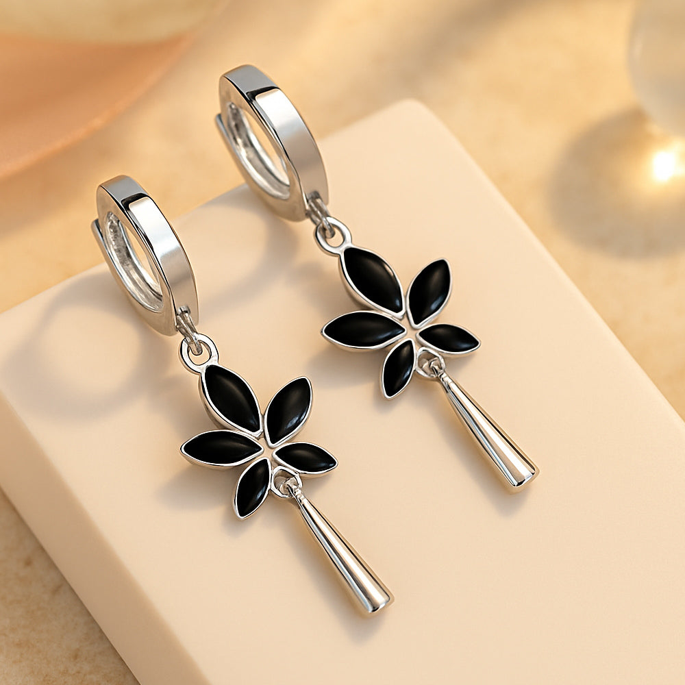 Ohrringe aus 925er Sterling-Silber, Creole hängend mit schwarzen Blättern