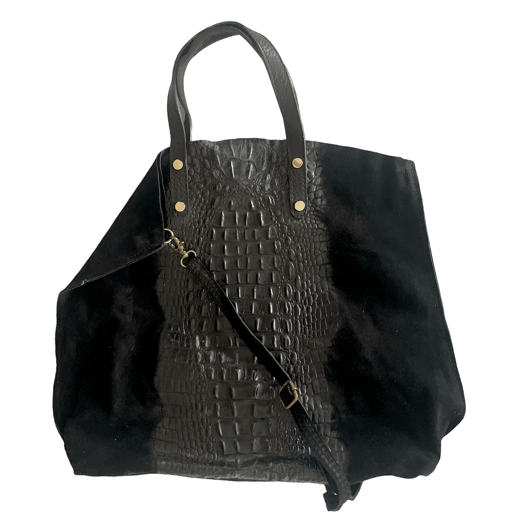 Leder Beutel Tasche Krokooptik Veloursleder Schwarz