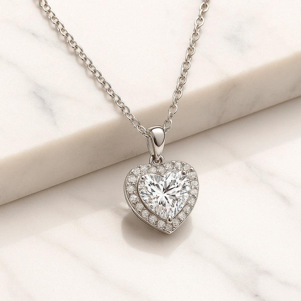 Kette mit Anhänger aus 925er Sterling-Silber, Herz mit Kristall, 45cm